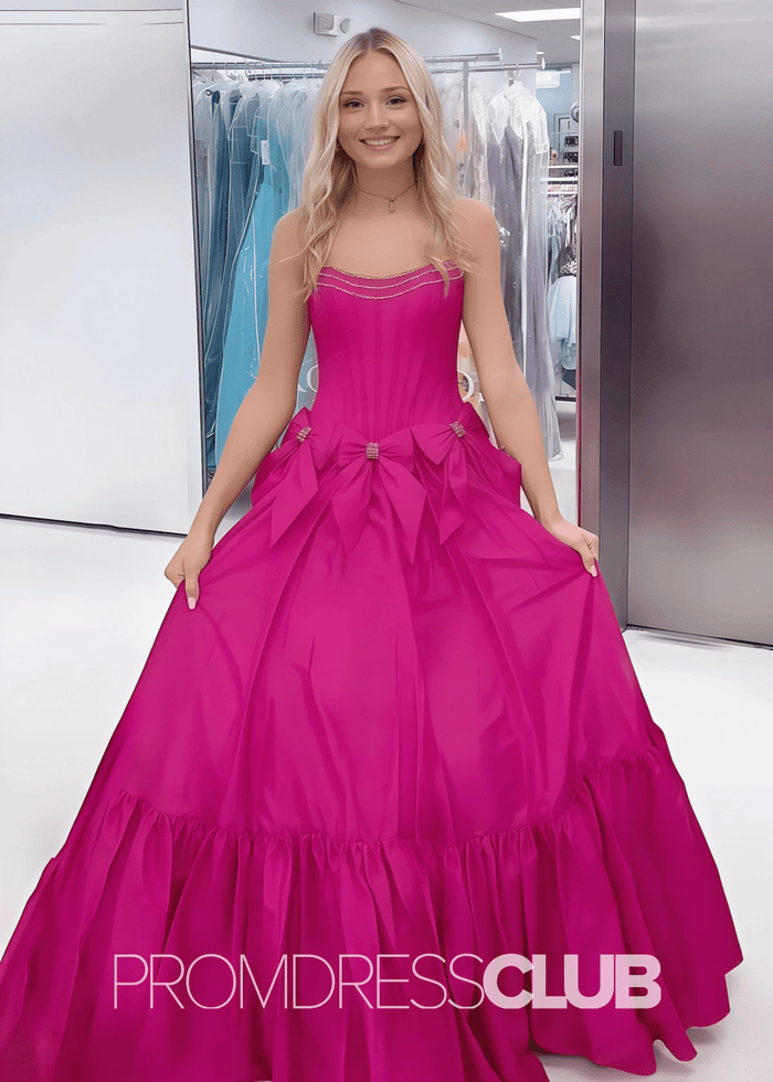 Hazel | A Line Bow Knots Long Prom Dress Light Blue - Red - PromDressClub