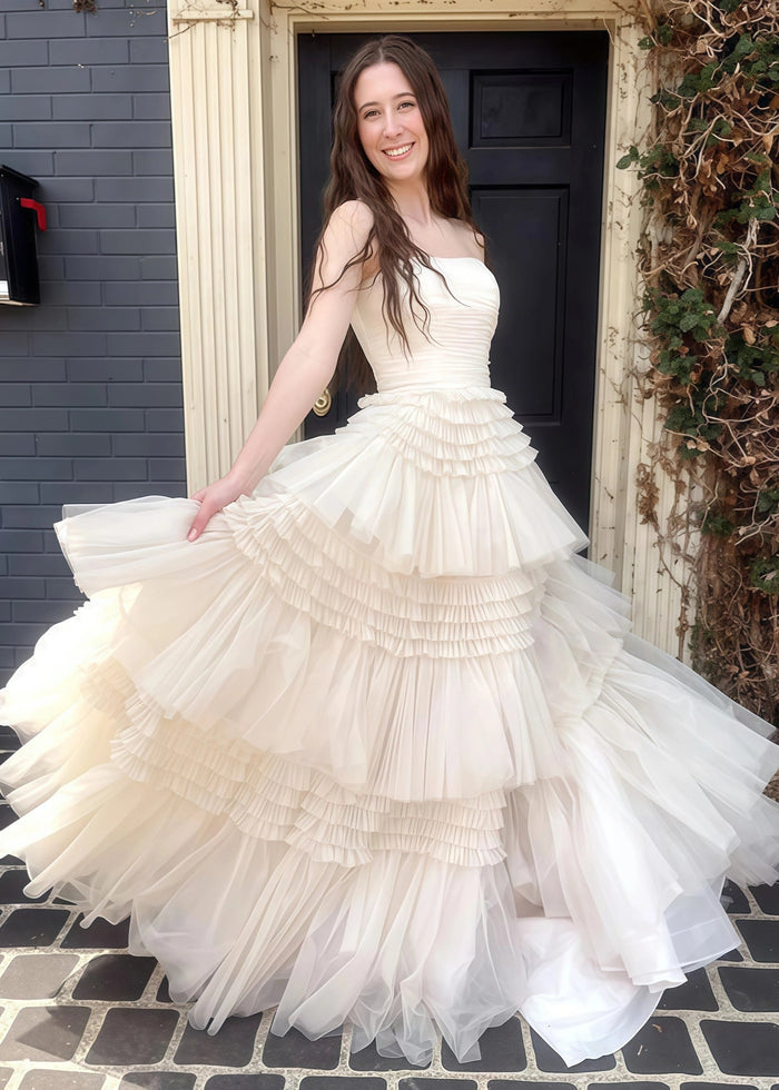 Hazel | Burgundy Red A Line Strapless Corser Tulle Ruffle Prom Dress with Slit - Champagne - PromDressClub