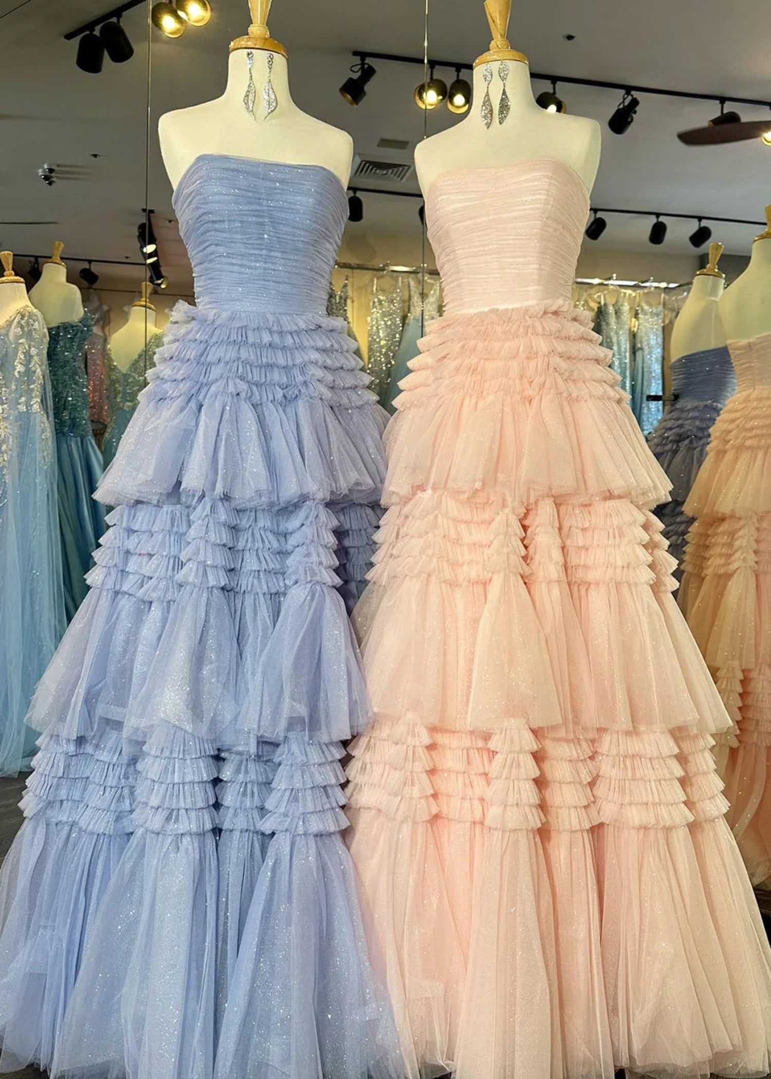 Hazel |A - Line Strapless Slit Tulle Champagne Long Prom Dress with Tiered Ruffles - Light Pink - US0 - PromDressClub