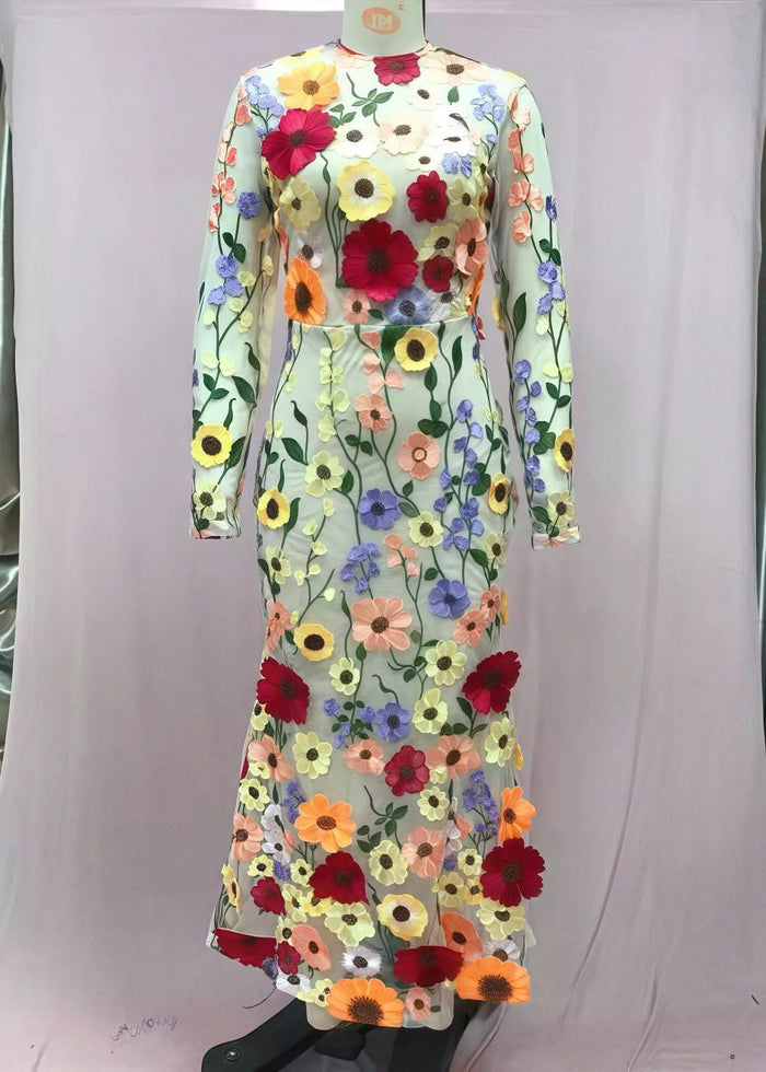 Hazel  | Elegant Champagne Tulle High Neck Long Sleeve Flower Prom Dress - Champagne Floral - PromDressClub