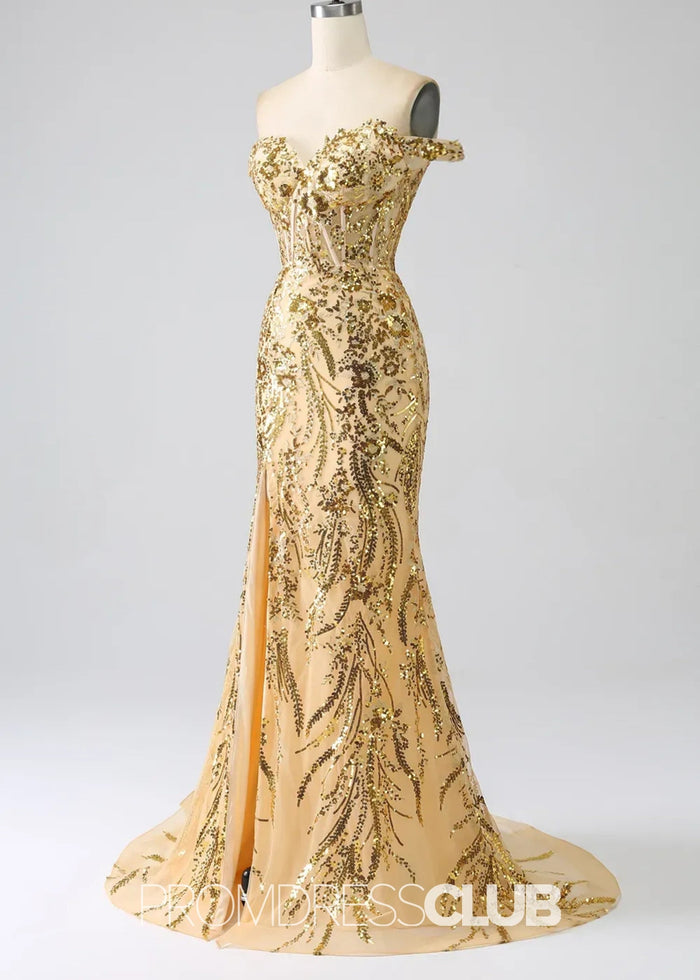 Hazel |Long Black Prom Dresses Near Me With Sequins Mermaid Off the Shoulder Split - Price #price_variant_lowest# - Gold - PromDressClub