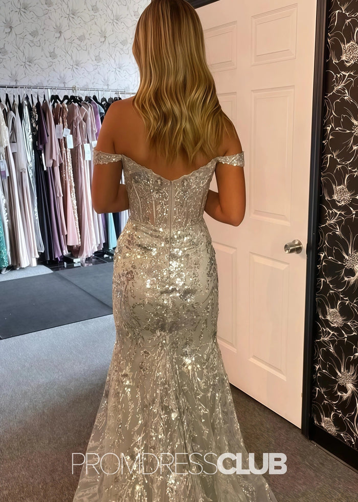 Hazel |Long Black Prom Dresses Near Me With Sequins Mermaid Off the Shoulder Split - Price #price_variant_lowest# - Silver - PromDressClub