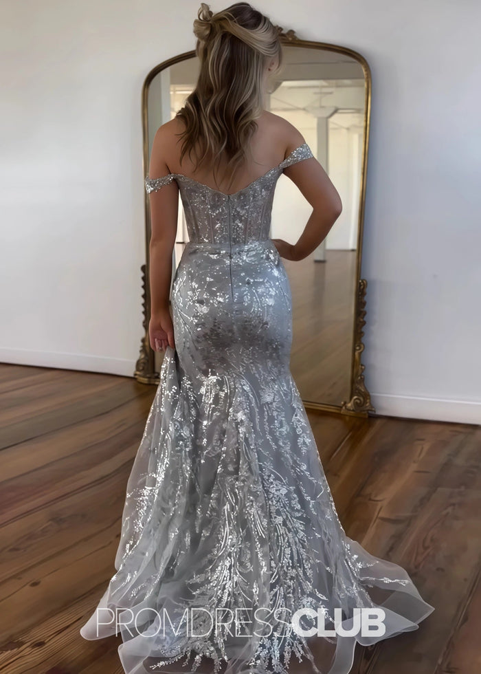 Hazel |Long Black Prom Dresses Near Me With Sequins Mermaid Off the Shoulder Split - Price #price_variant_lowest# - Silver - PromDressClub