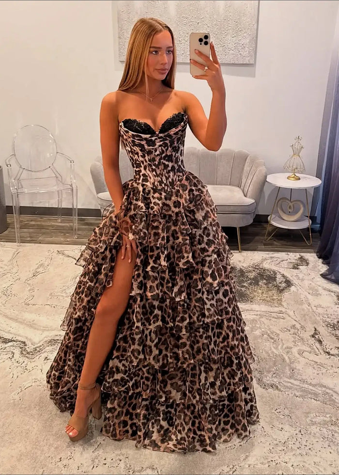 Hedda Corset Leopard Prom Dress Ruffles | A - Line Strapless Strapless Sweehteart Neckline Lace Detail Formal Dress with Slit - Leopard - PromDressClub