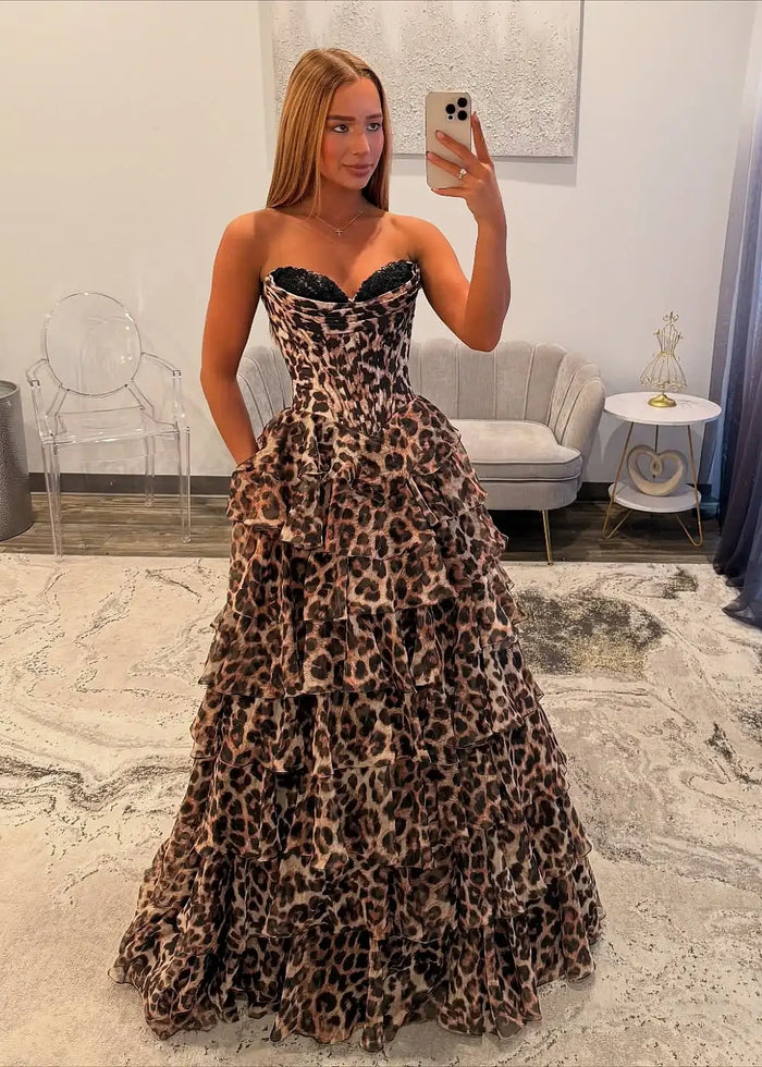 Hedda Corset Leopard Prom Dress Ruffles | A - Line Strapless Strapless Sweehteart Neckline Lace Detail Formal Dress with Slit - Leopard - PromDressClub