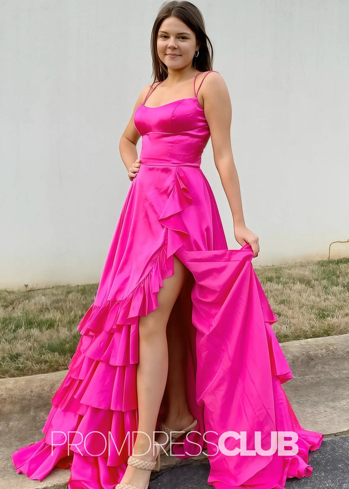 Hedy | A Line Lace - Up Ruffle Long Red Prom Dress - Price #price_variant_lowest# - Fuchsia - PromDressClub
