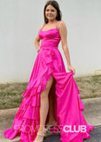 Hedy | A Line Lace - Up Ruffle Long Red Prom Dress - Fuchsia - PROMDRESS Club