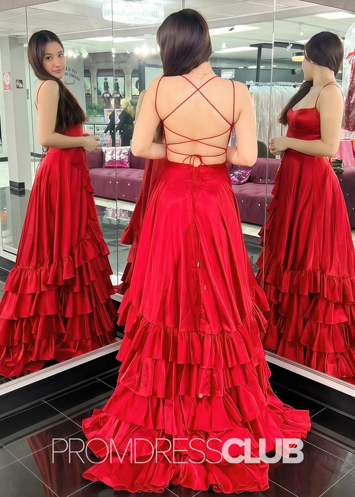 Hedy | A Line Lace - Up Ruffle Long Red Prom Dress - Red - PromDressClub