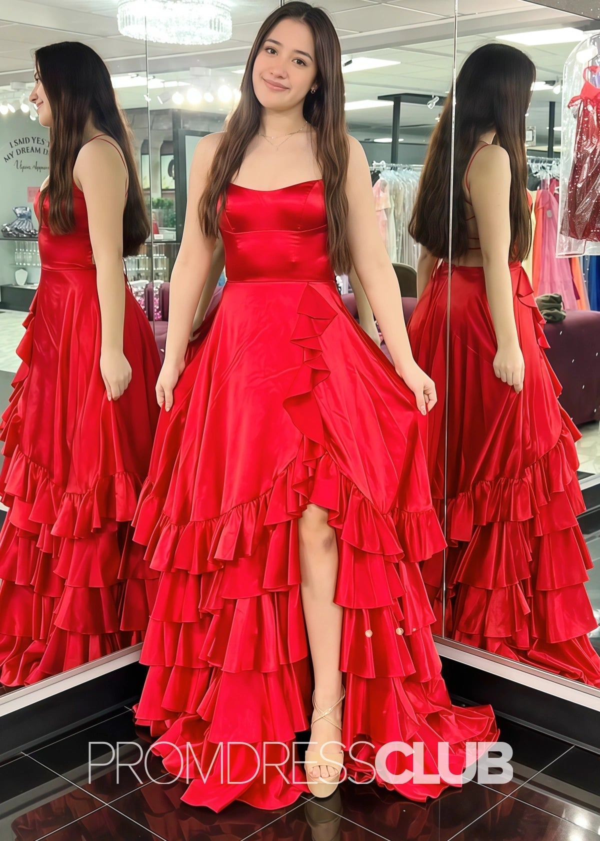 Hedy | A Line Lace - Up Ruffle Long Red Prom Dress - Red - PROMDRESS Club