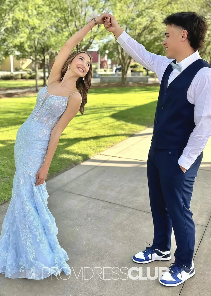 Hedy |Long Blue Prom Dresses Near Me With Spaghetti Straps Mermaid Sequins Applique - Price #price_variant_lowest# - Blue - PromDressClub