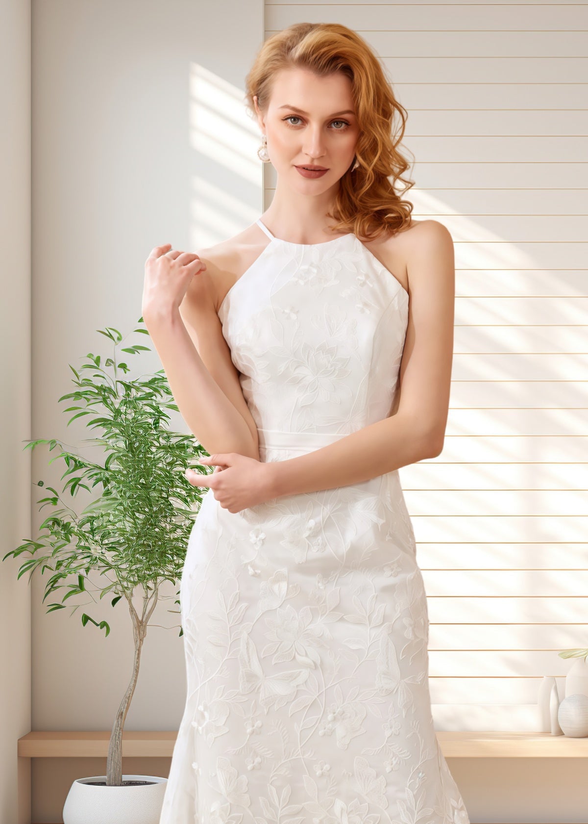 Hedy | Modest Mermaid Halter Neck White Lace Reception Wedding Dress - White - PROMDRESS Club