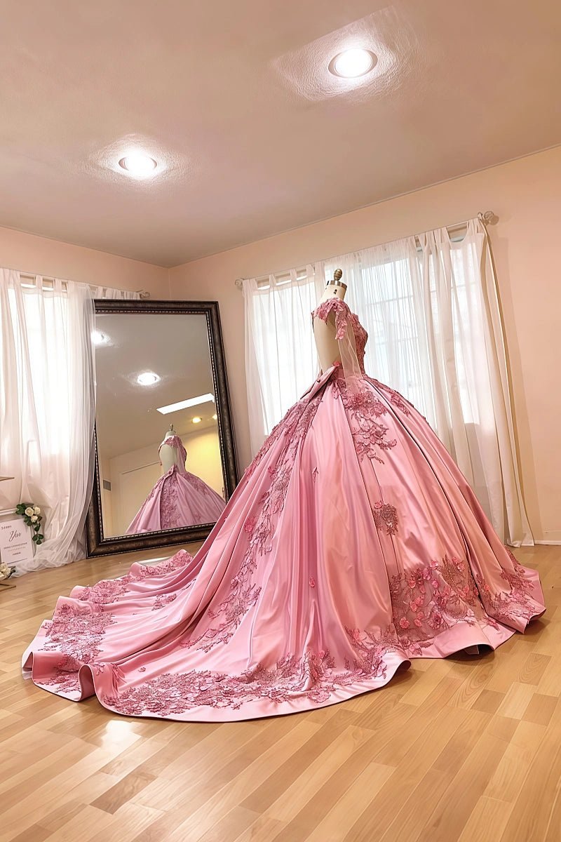 Helen | Gorgeous Long Sleeve Pink Quince Dresses for Memorable Occasions - Pink - PromDressClub