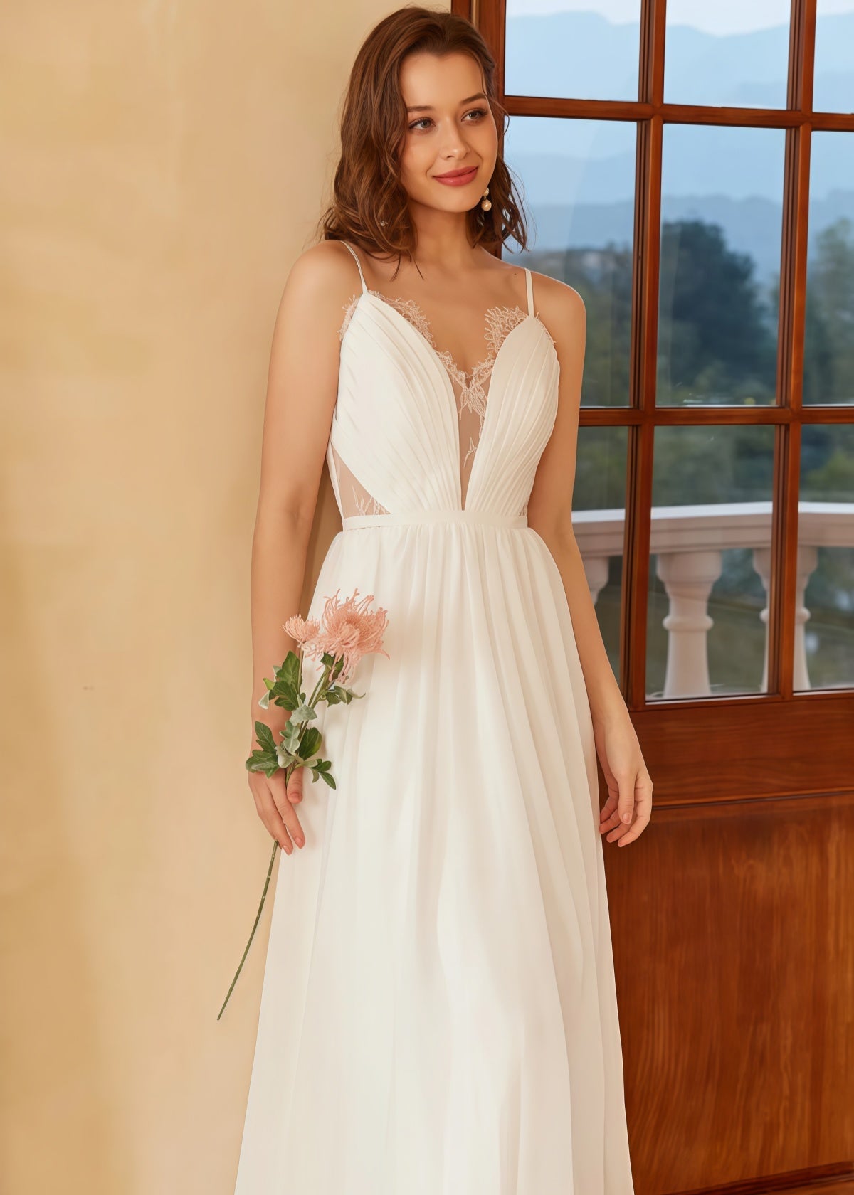 Heloise | Boho A Line Spaghetti Strap Backless Corset White Wedding Dress with V Neck - Price #price_variant_lowest# - White - PromDressClub