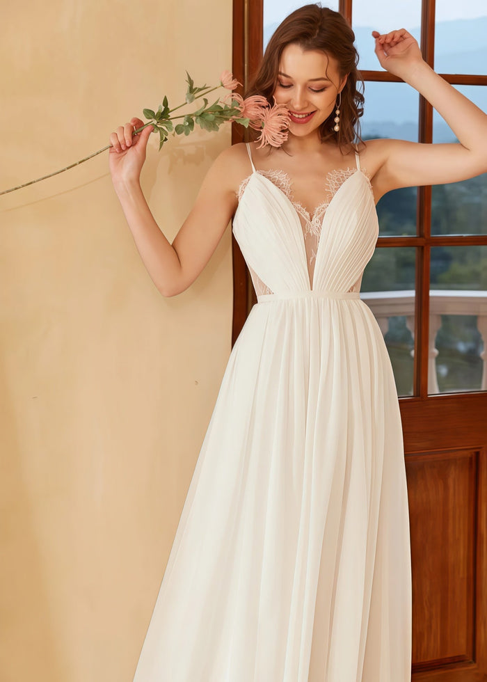 Heloise | Boho A Line Spaghetti Strap Backless Corset White Wedding Dress with V Neck - Price #price_variant_lowest# - White - PromDressClub