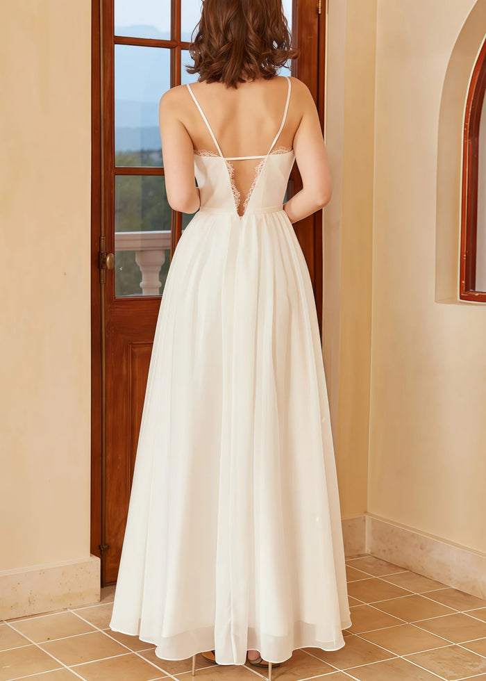 Heloise | Boho A Line Spaghetti Strap Backless Corset White Wedding Dress with V Neck - Price #price_variant_lowest# - White - PromDressClub