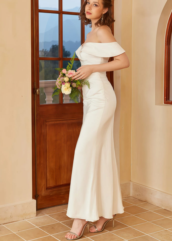 Hermosa | Mermaid Boho Off the Shoulder White Satin Wedding Dress with Backless - Price #price_variant_lowest# - White - PromDressClub