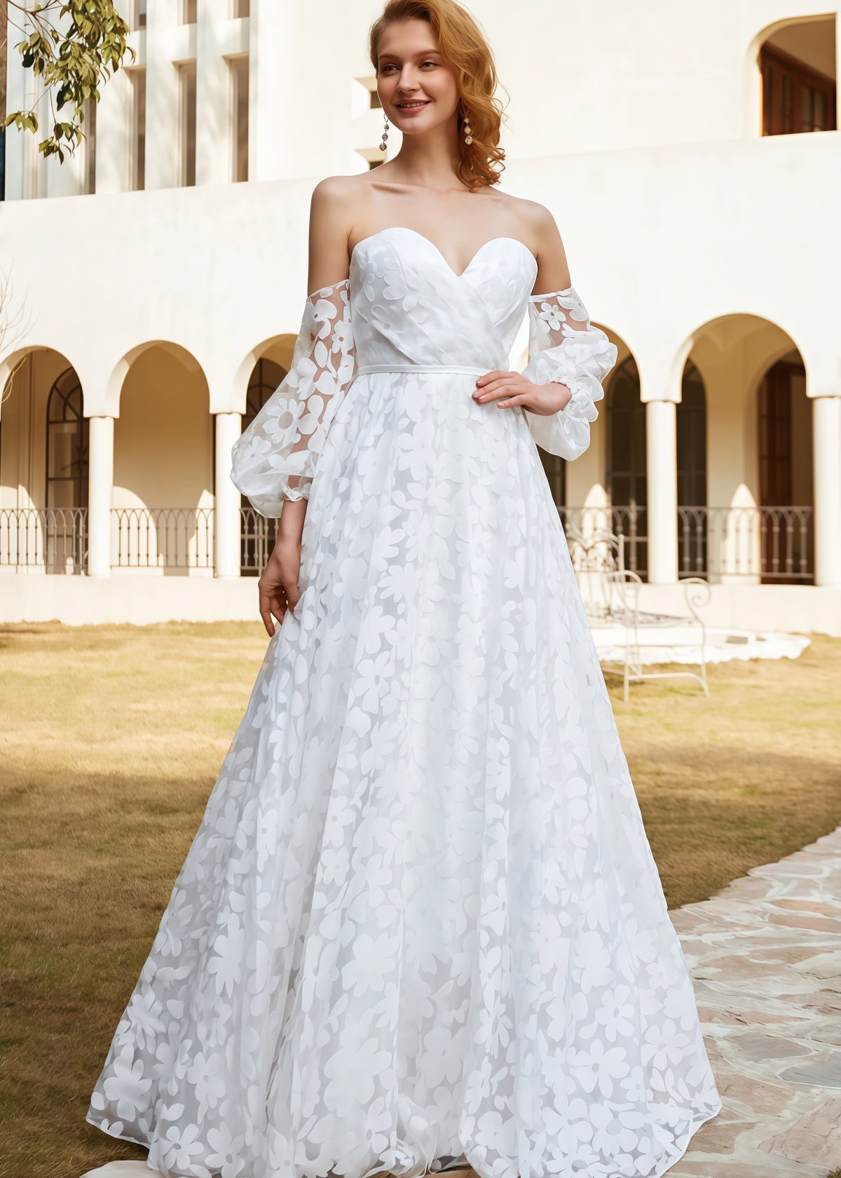 Hilary | A Line Sweetheart Backless White Organza Wedding Dress Train with Off the Shoulder - White - PROMDRESS Club