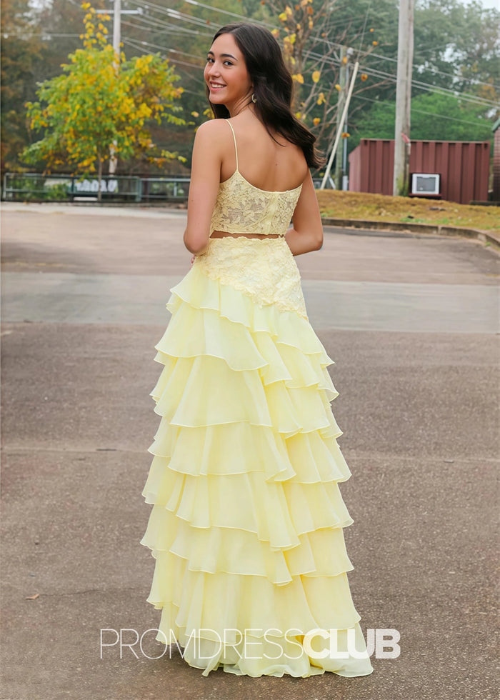 Hilary |Long Yellow Prom Dresses Stores With A Line Elegant Layered Lace Side Slit - Price #price_variant_lowest# - Yellow - PromDressClub