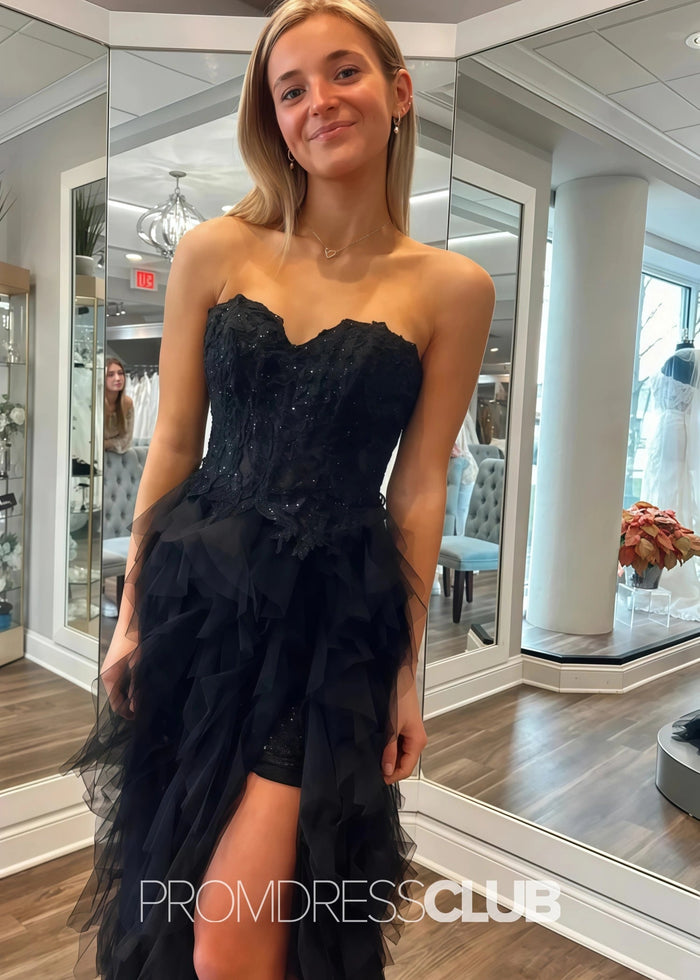 Hulda |Long Black Prom Dresses Websites With Mermaid Princess Strapless Beaded Lace Ruffle Tulle High Slit - Price #price_variant_lowest# - Black - PromDressClub
