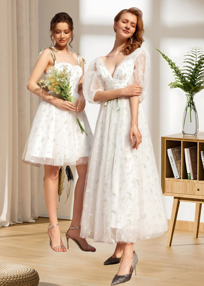 Hulda | Puff Sleeve V Neck Midi Floral Wedding Dress A Line - Price #price_variant_lowest# - Green Floral - PromDressClub