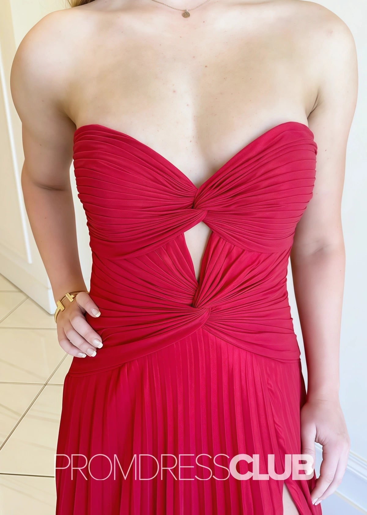 Ida | Strapless Keyhole Pleated Hot Pink Maxi Prom Dress - Red - PROMDRESS Club