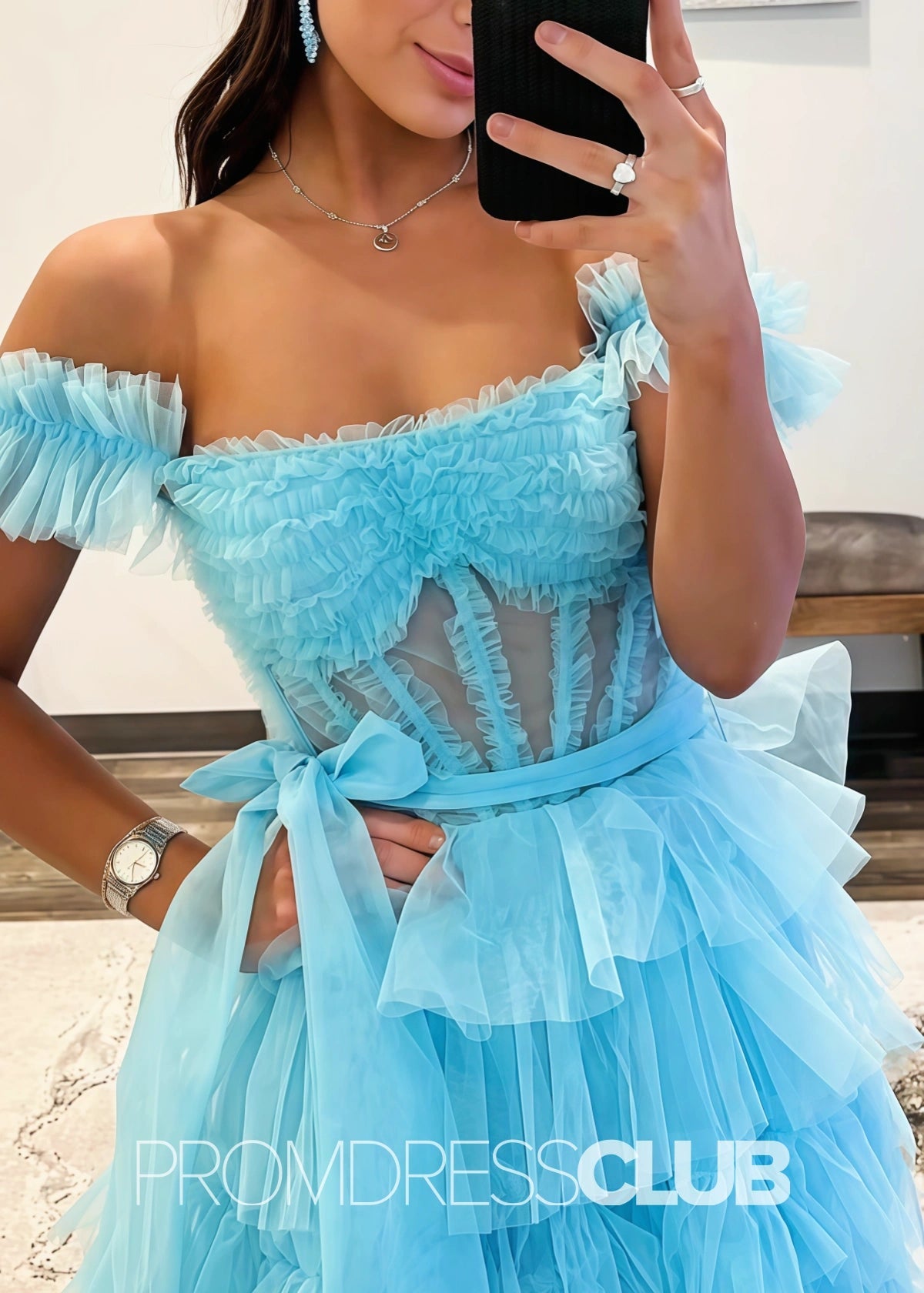 Ina | Appliqued Tiered Ruffles Royal Blue Tulle Maxi Prom Dress - Light Blue - PROMDRESS Club