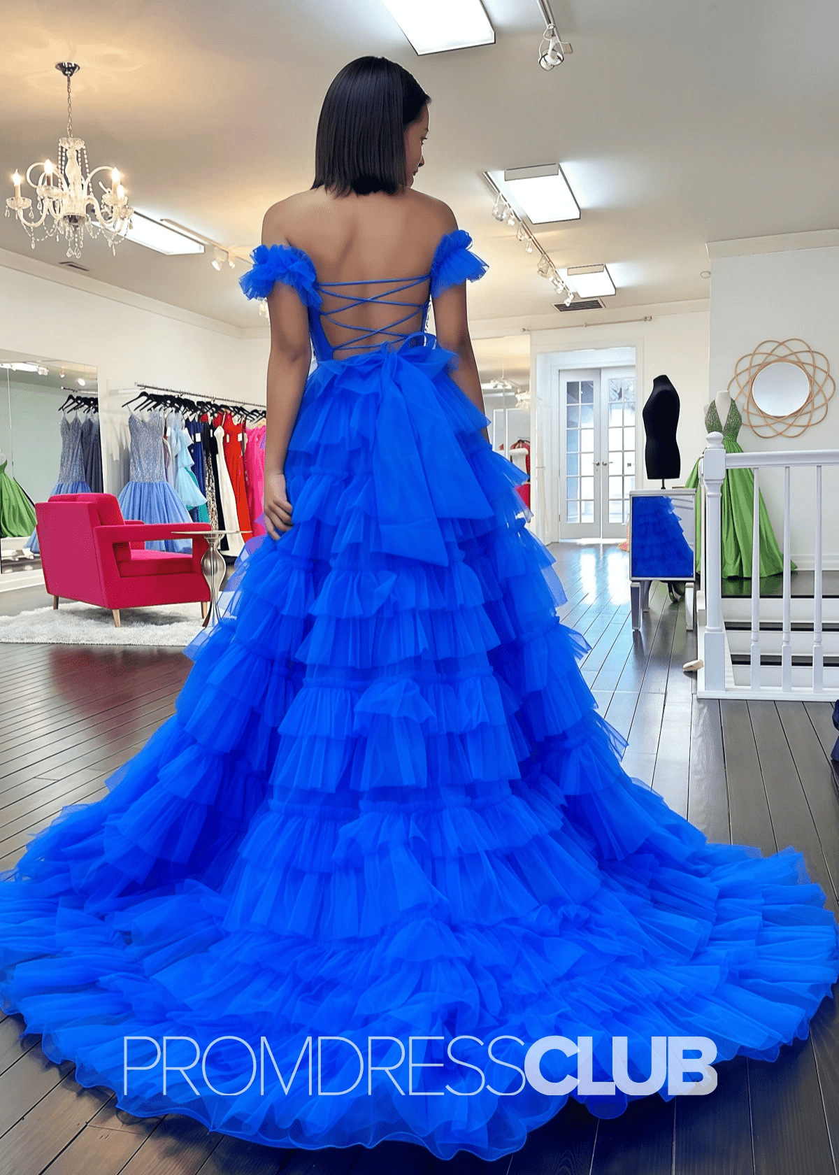 Ina | Appliqued Tiered Ruffles Royal Blue Tulle Maxi Prom Dress - Royal Blue - PROMDRESS Club