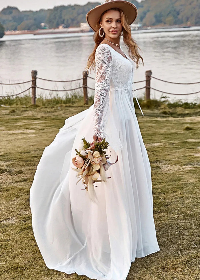 Ina | Boho Ivory Long Sleeve Wedding Dress with Slit - Price #price_variant_lowest# - Ivory - PromDressClub