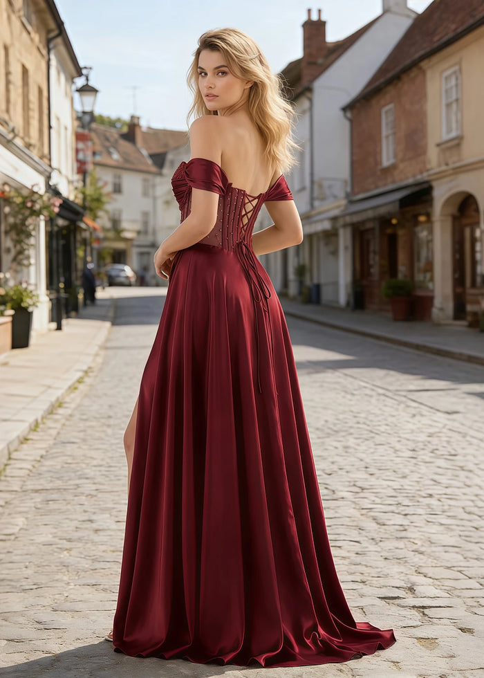 Inez Burgundy Prom Off Shoulder Dress | A - Line Strapless Corset Beaded Satin Formal Dress with Slit - Burgundy - PromDressClub