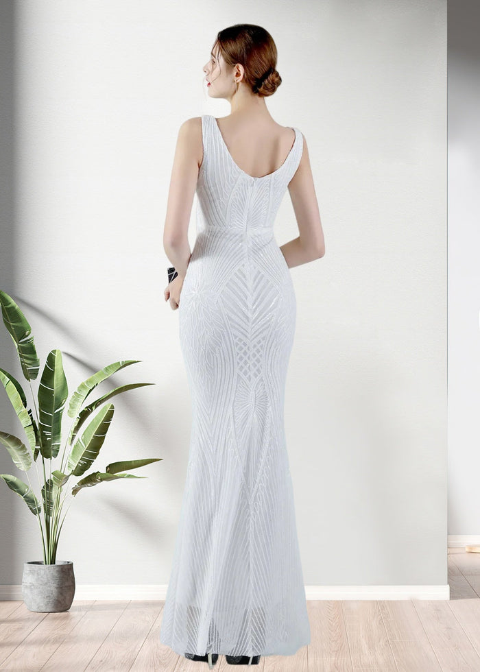 Ingrid | Mermaid V Neck Backless White Sequin Formal Dress - Price #price_variant_lowest# - White - PromDressClub