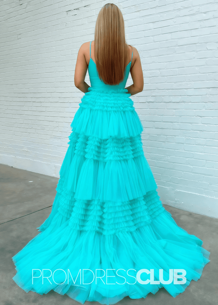 Ingrid | Tiered Pleats Ruffles Spaghetti Straps Red Tulle Prom Dress - Aqua - PromDressClub