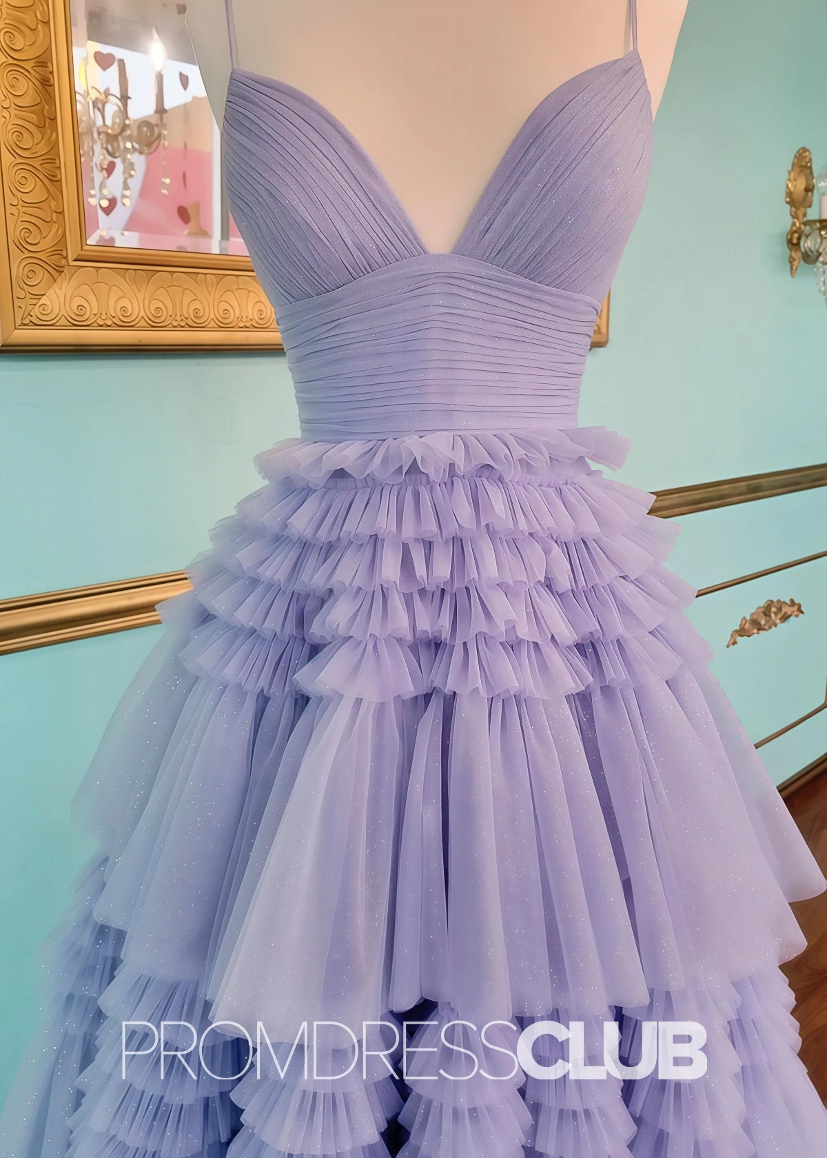 Ingrid | Tiered Pleats Ruffles Spaghetti Straps Red Tulle Prom Dress - Lavender - PROMDRESS Club