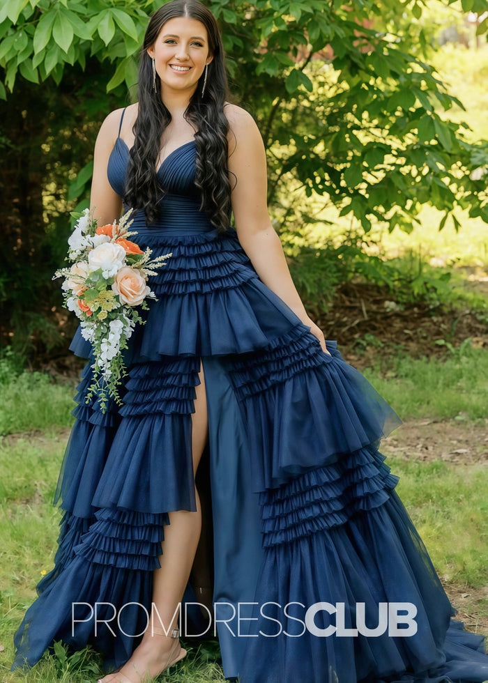 Ingrid | Tiered Pleats Ruffles Spaghetti Straps Red Tulle Prom Dress - Navy Blue - PromDressClub