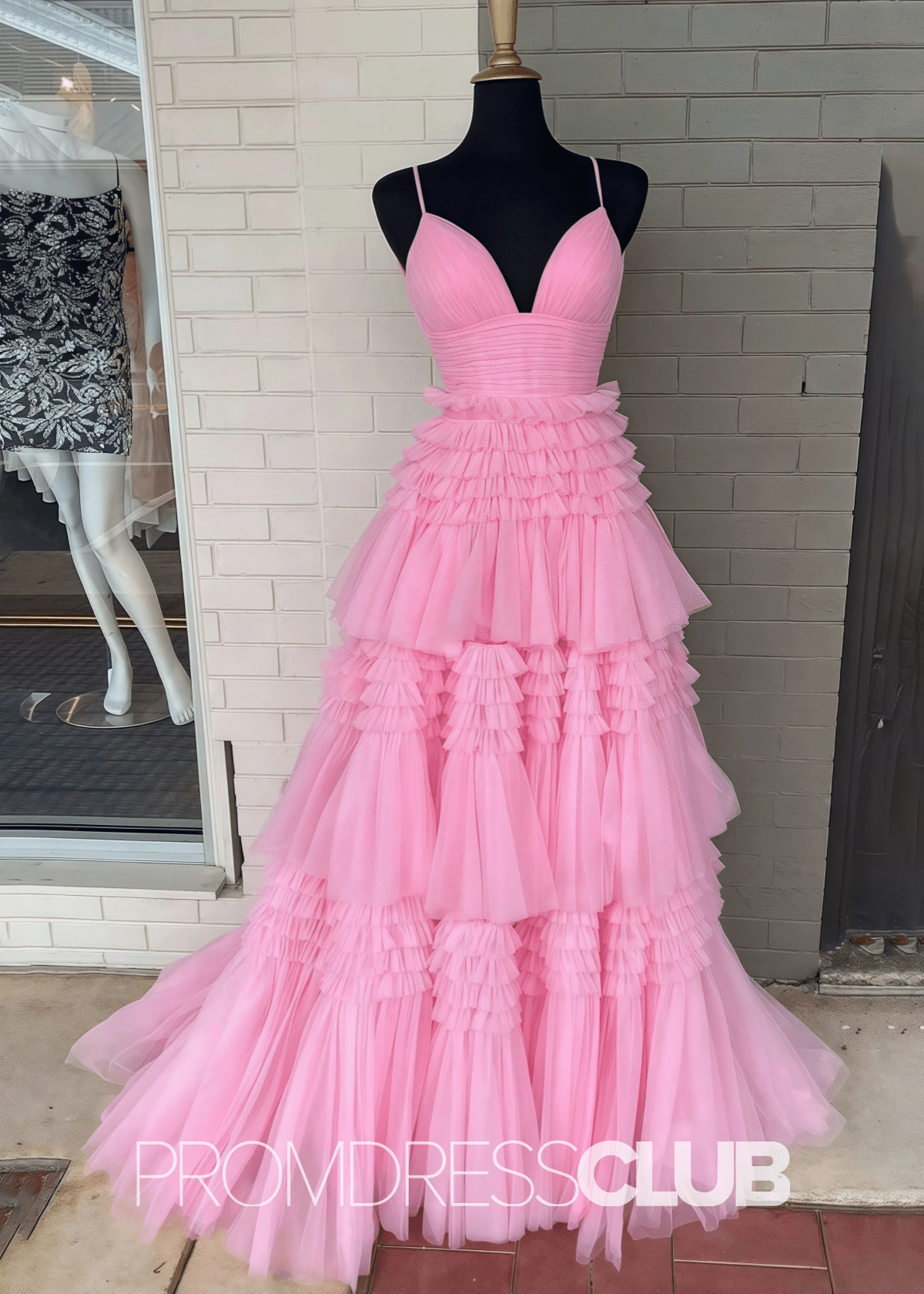 Ingrid | Tiered Pleats Ruffles Spaghetti Straps Red Tulle Prom Dress - Pink - PROMDRESS Club