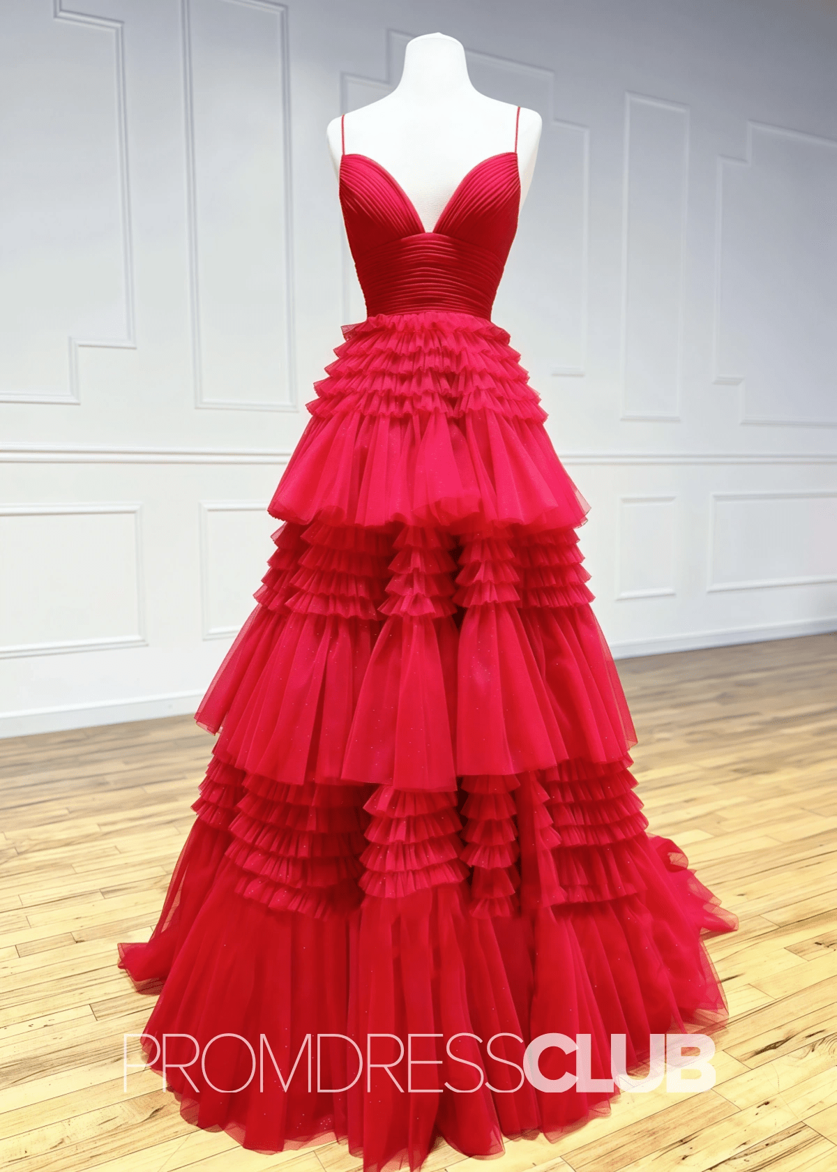 Ingrid | Tiered Pleats Ruffles Spaghetti Straps Red Tulle Prom Dress - Red - PROMDRESS Club