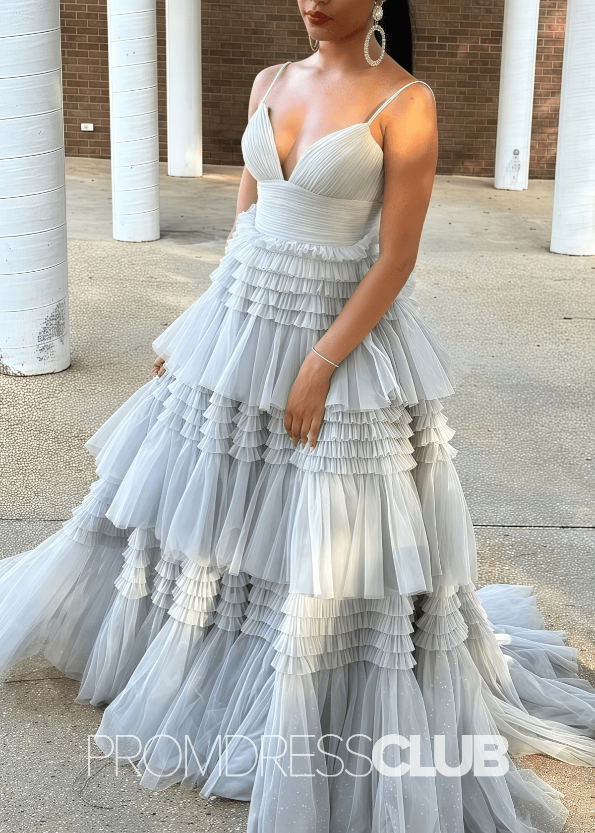 Ingrid | Tiered Pleats Ruffles Spaghetti Straps Red Tulle Prom Dress - Silver - PROMDRESS Club