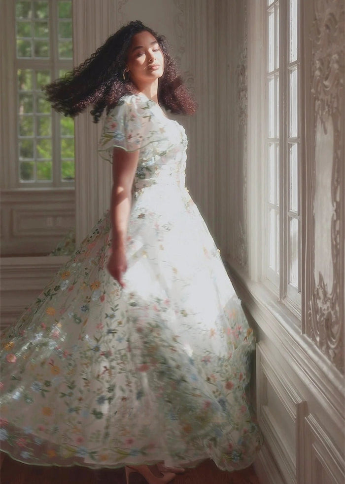 Irene | Stunning Elegant White Square Neck Floral Prom Dress with Sleeves - White Floral - PromDressClub