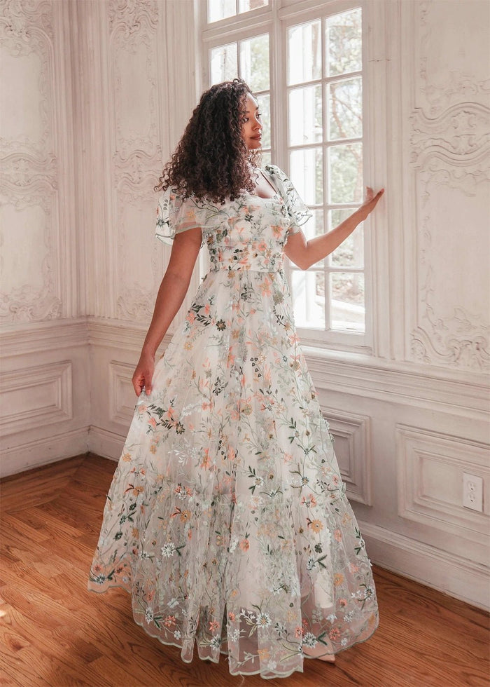Irene | Stunning Elegant White Square Neck Floral Prom Dress with Sleeves - White Floral - PromDressClub