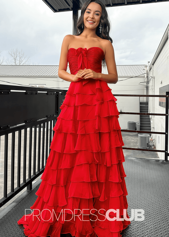 Iris | Tiered Ruffles Sweetheart Hot Pink Chiffon Prom Dress - Red - PromDressClub