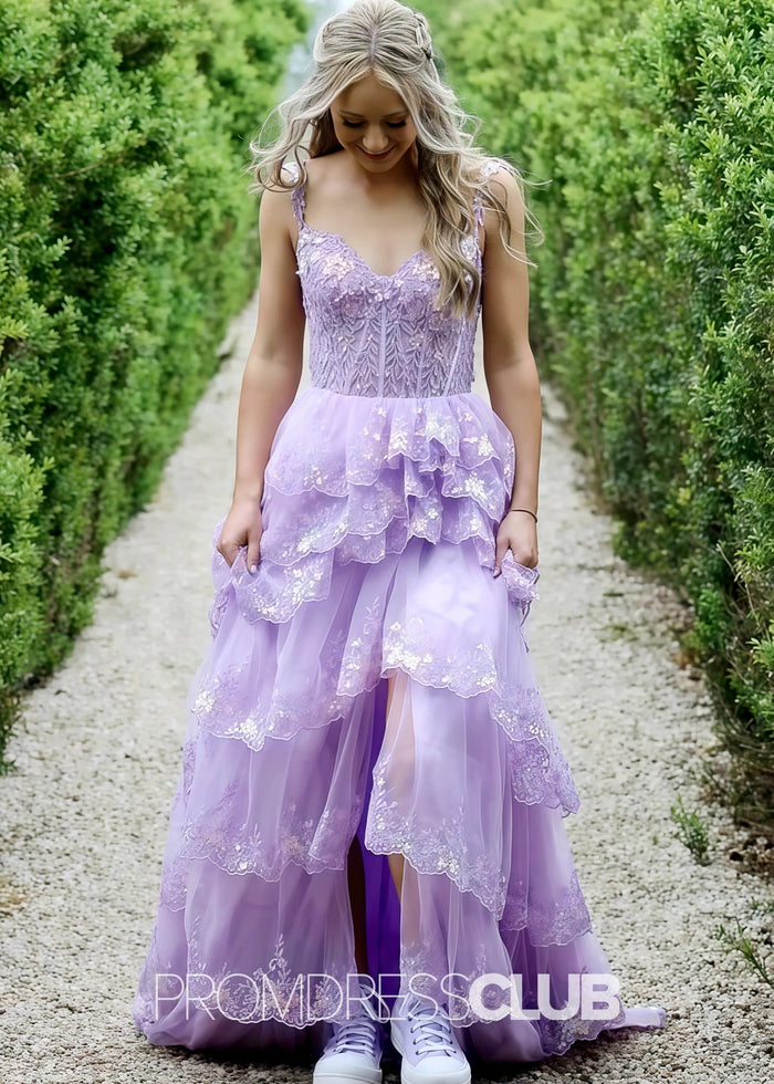 Irma |Lilac Long Prom Dresses Near Me With A Line Sweetheart Open Back High Low Layered - Price #price_variant_lowest# - Lilac - PromDressClub