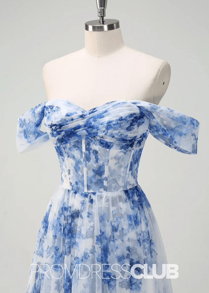 Irma | White Blue Flower Maxi Formal Dress - Price #price_variant_lowest# - Blue Floral - PromDressClub