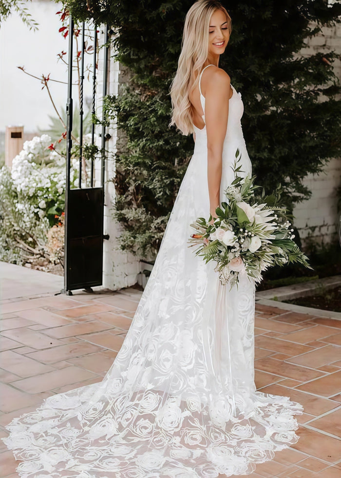 Isabel | Exquisite Mermaid Backless White Lace Wedding Dress with Sweep Train - White - PromDressClub