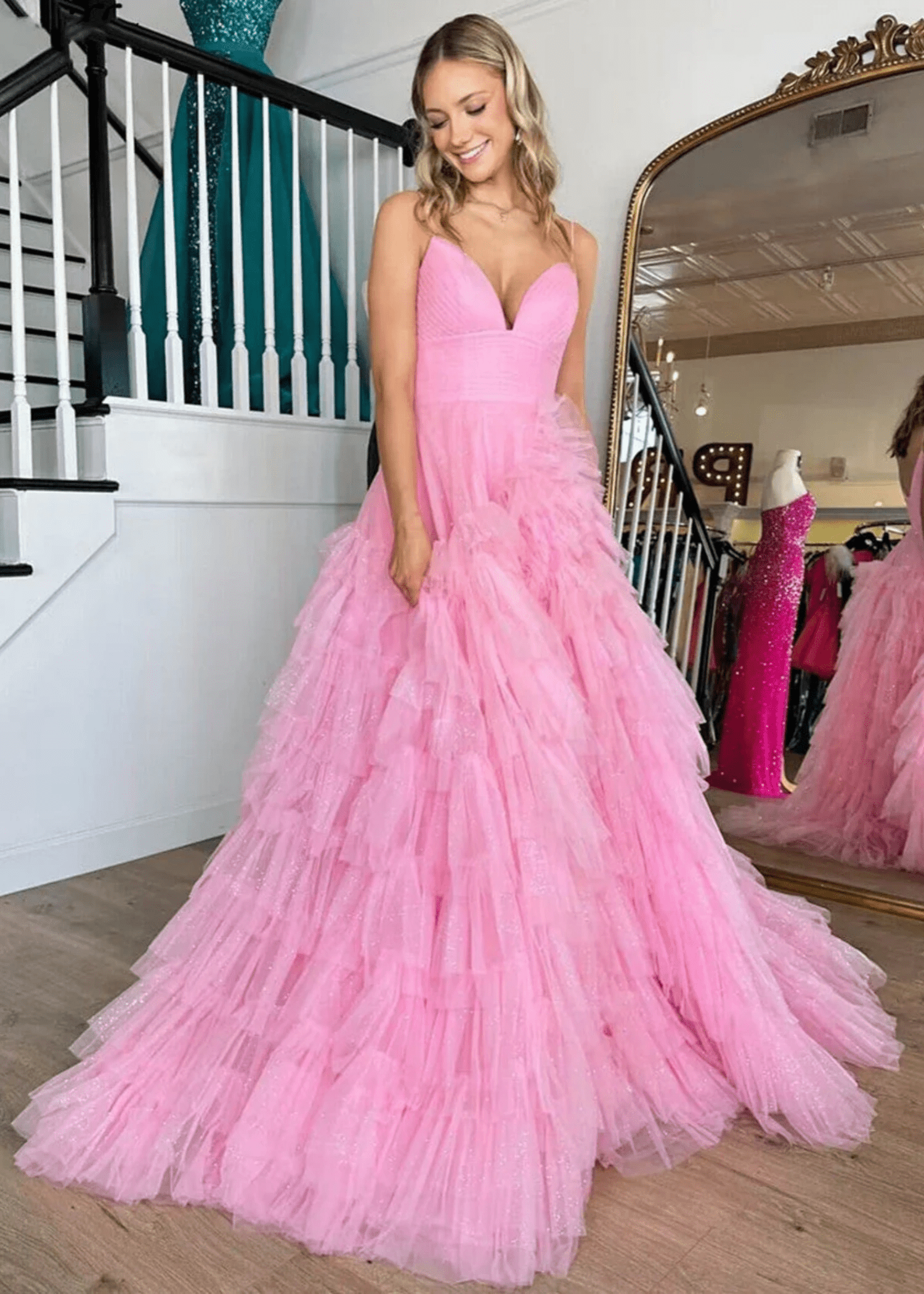 Isabel |Pink Long Prom Dress With A - Line Spaghetti Straps Tiered Tulle - Pink - US0 - PromDressClub