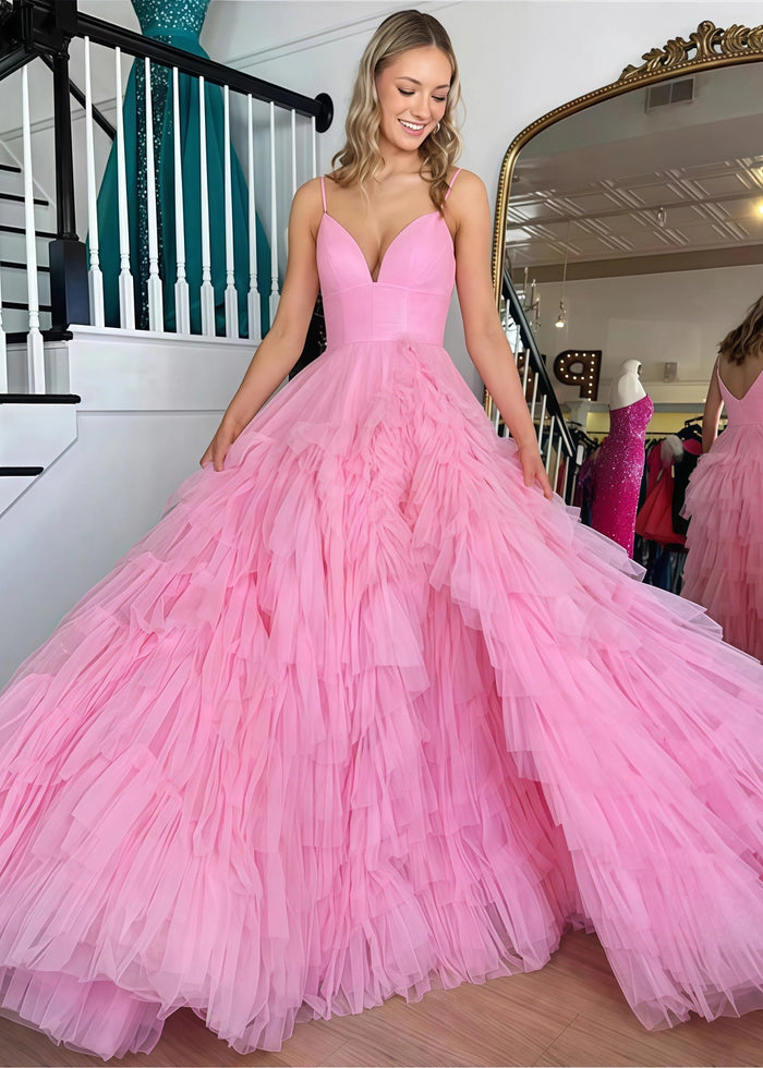 Isabel | A Line Hot Pink Ruffle Spaghetti Strap Corset Tulle Formal Dress with Slit - Hot Pink - PromDressClub