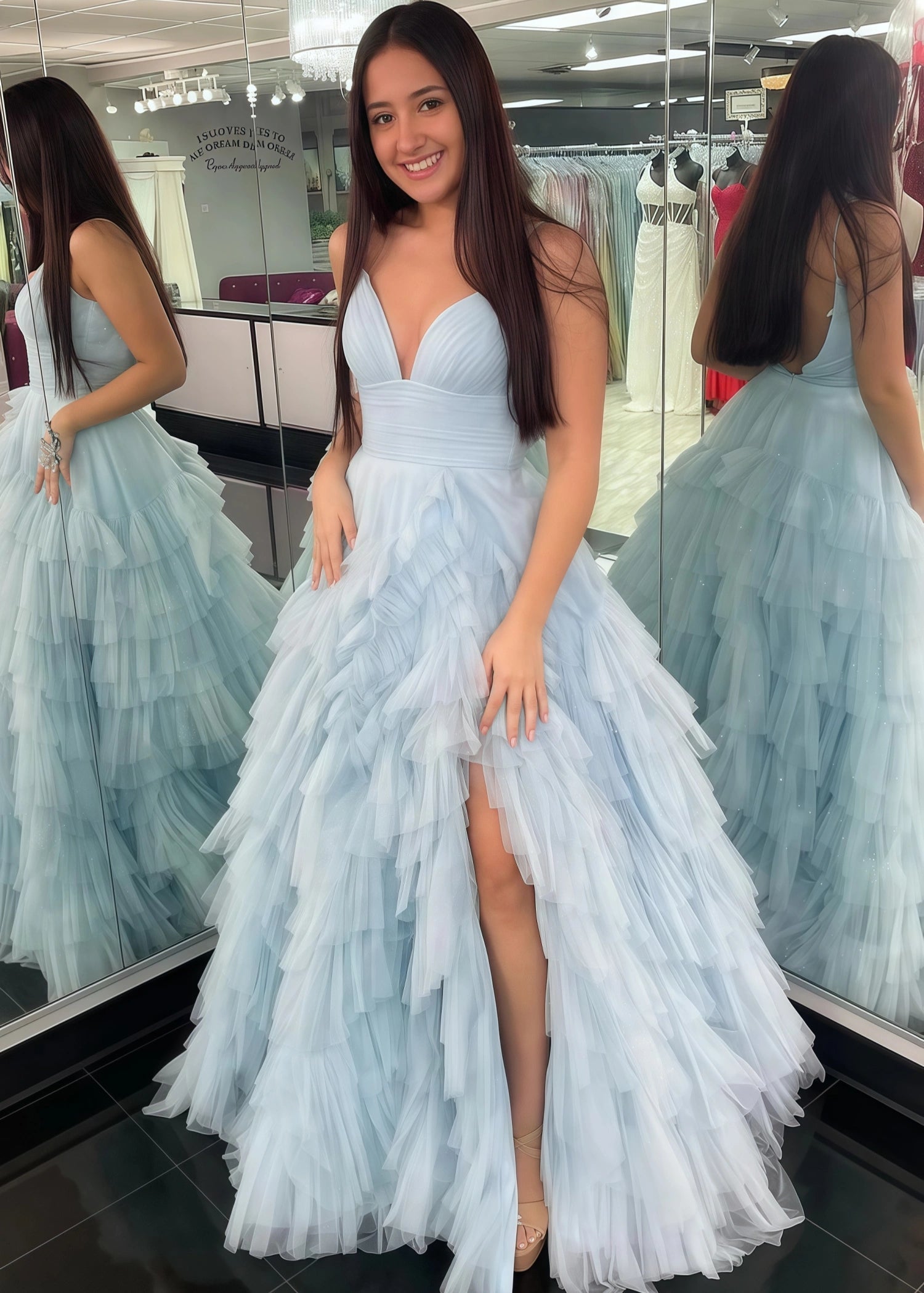 Isabel |Pink Long Prom Dress With A - Line Spaghetti Straps Tiered Tulle - Sky Blue - US0 - PromDressClub