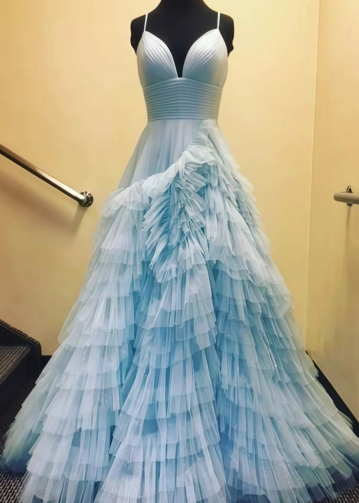 Isabel | A Line Hot Pink Ruffle Spaghetti Strap Corset Tulle Formal Dress with Slit - Light Blue - PromDressClub