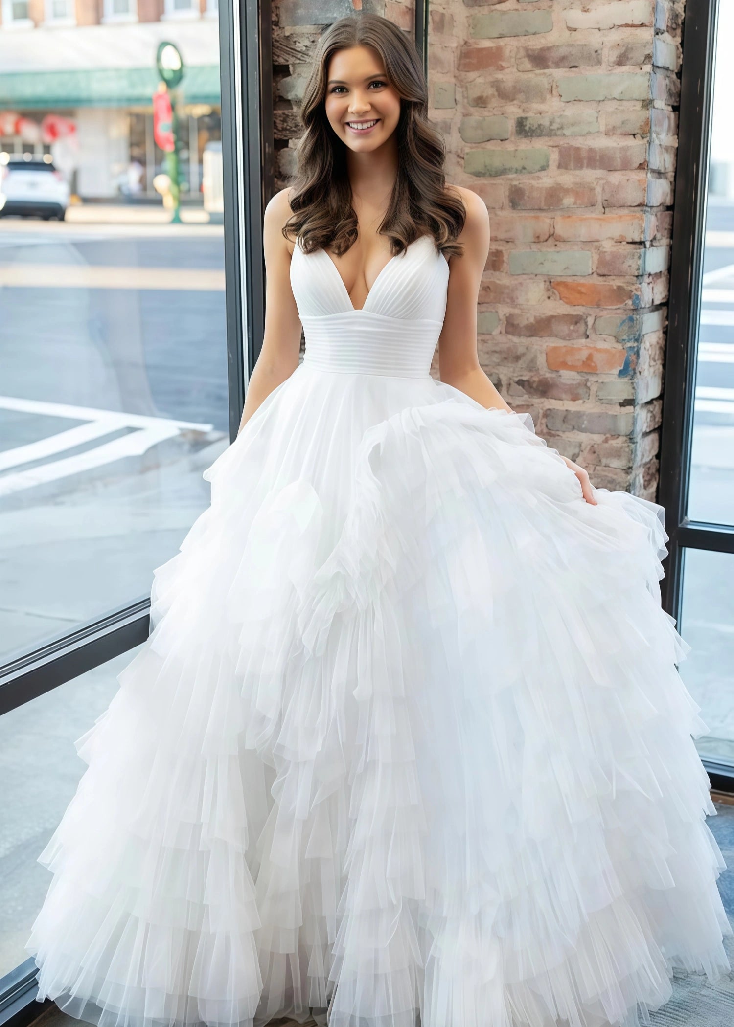 Isabel |Pink Long Prom Dress With A - Line Spaghetti Straps Tiered Tulle - White - US0 - PromDressClub