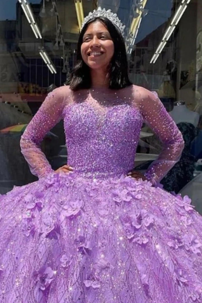 Isabella | Luxurious Purple Quince Dresses with Sparkling Long Sleeves and Glitter Details - Light Purple - PromDressClub