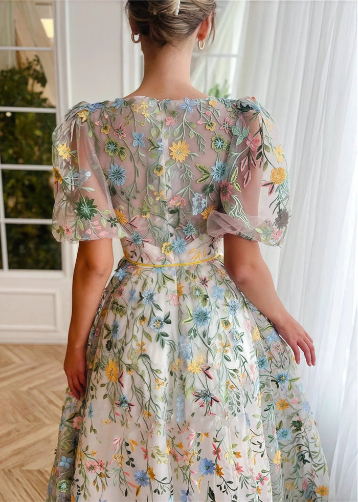 Ivy | Enchanting White Floral High Neck Short Sleeve Prom Dress - White Floral - PromDressClub