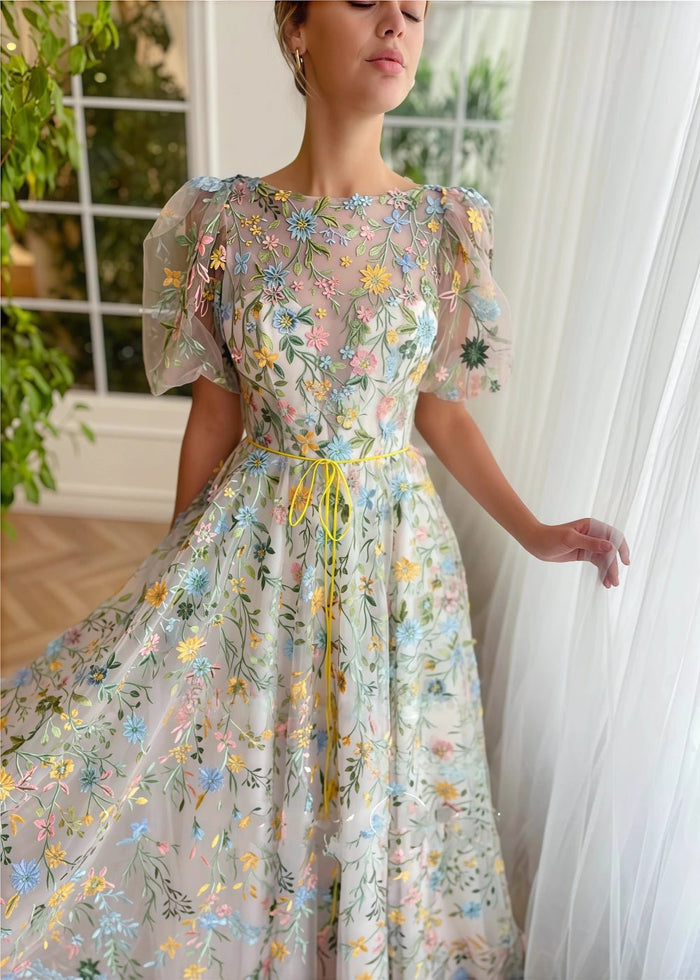 Ivy | Enchanting White Floral High Neck Short Sleeve Prom Dress - White Floral - PromDressClub